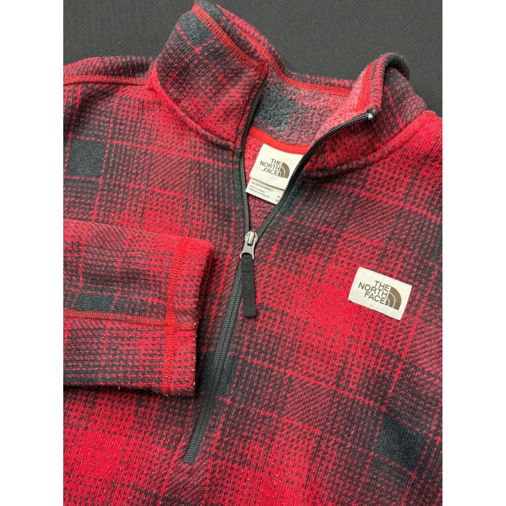 The North Face Mens Fleece Pullover Red Black Plaid‎ 1/4 Zip Medium Brown label